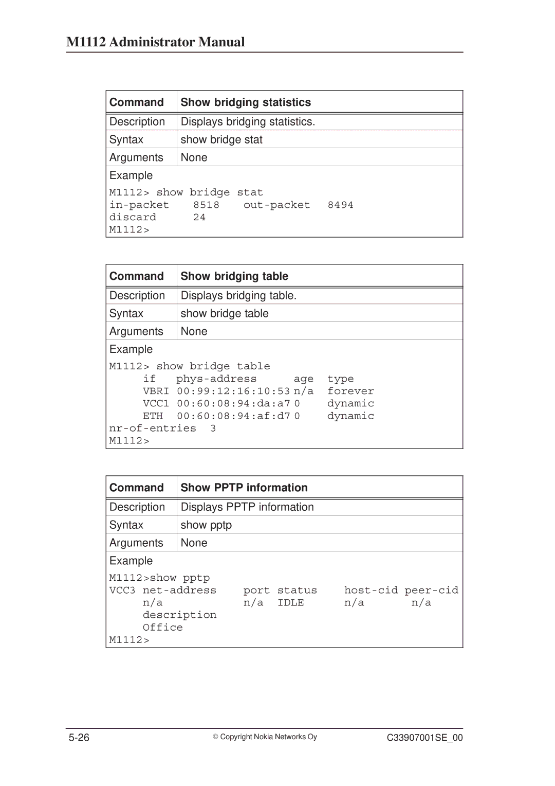 Nokia M1112 manual Command Show bridging statistics, Command Show bridging table, Command Show Pptp information 