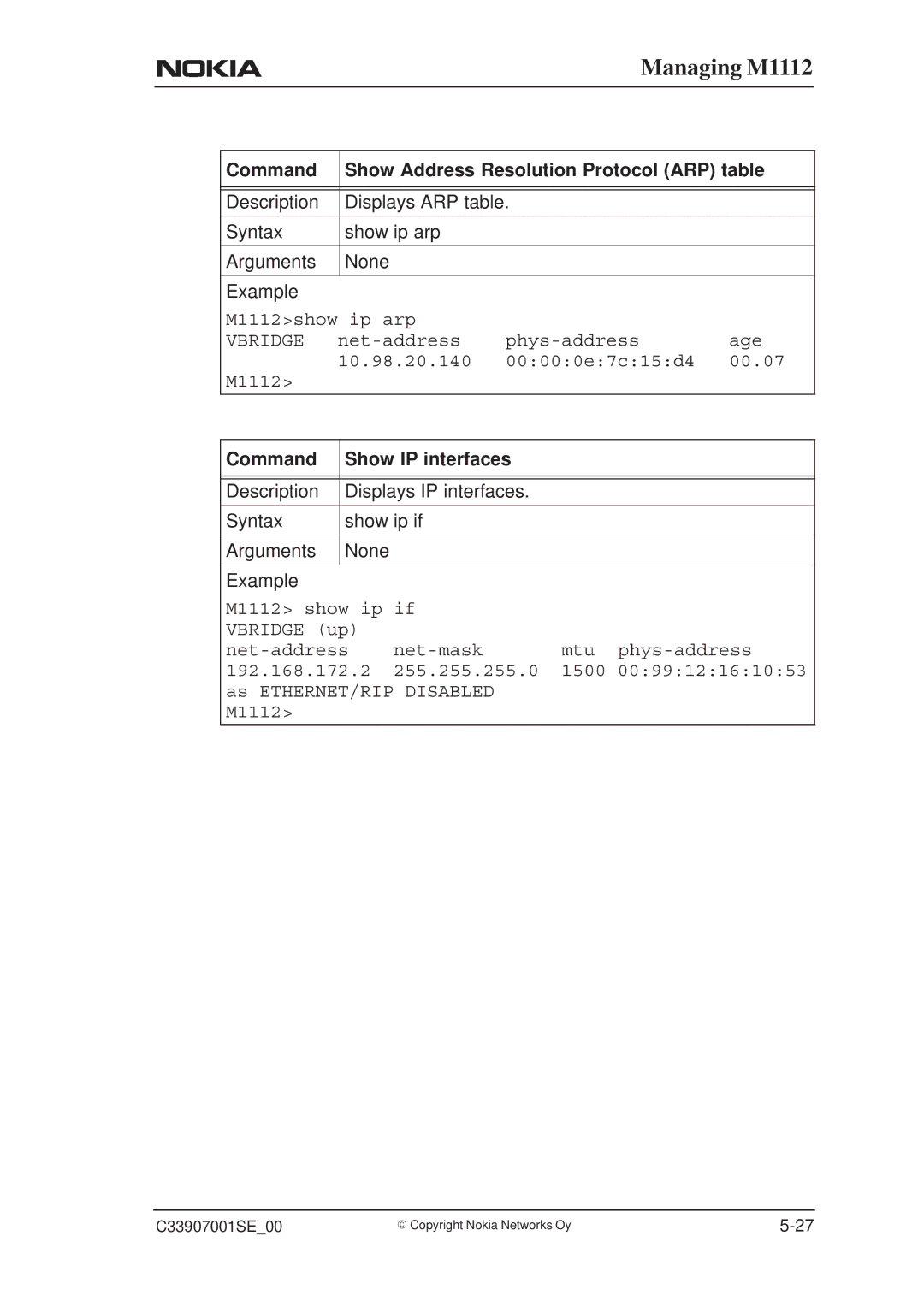 Nokia M1112 manual Command Show Address Resolution Protocol ARP table, Command Show IP interfaces 