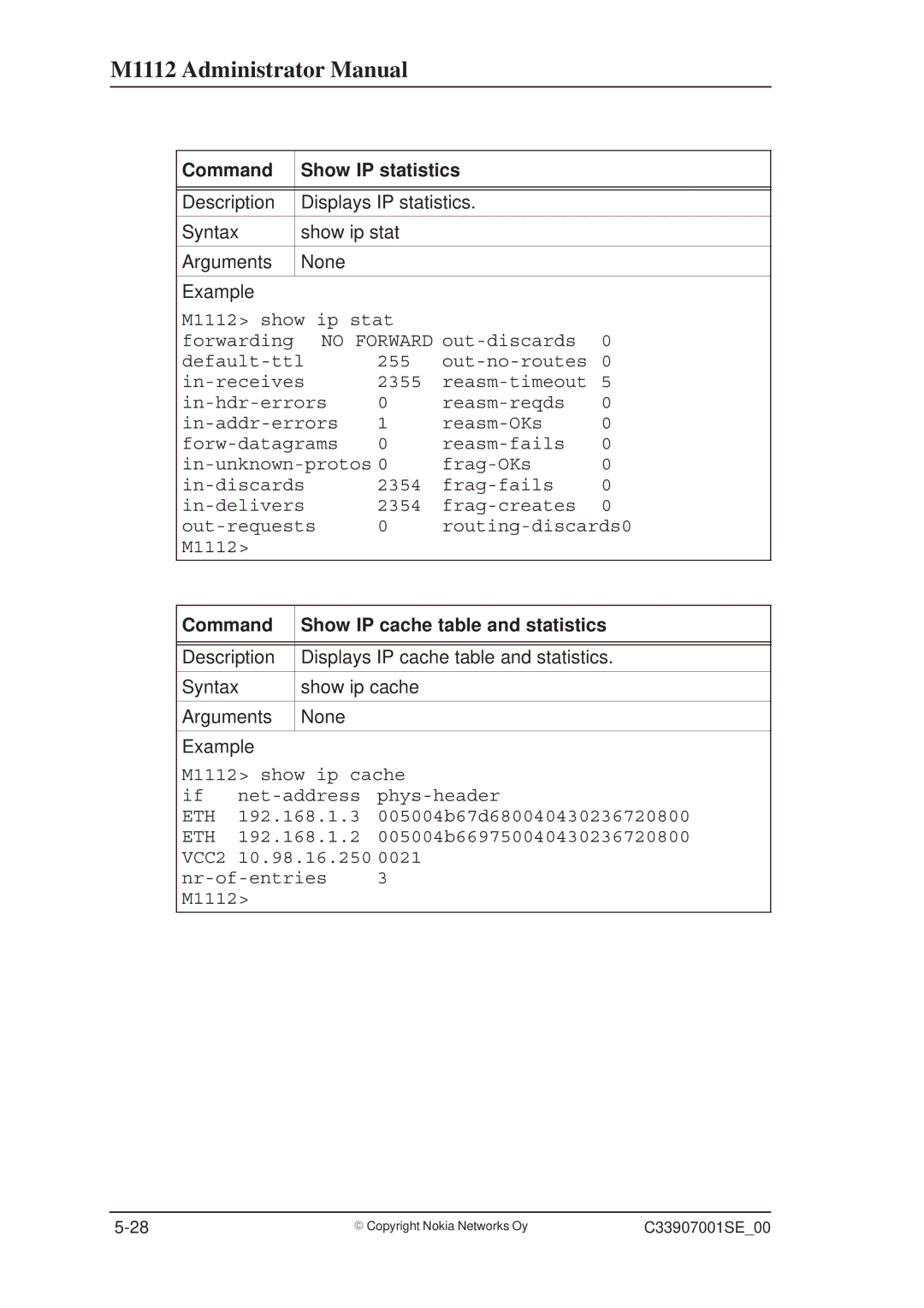 Nokia M1112 manual Command Show IP statistics, Command Show IP cache table and statistics 