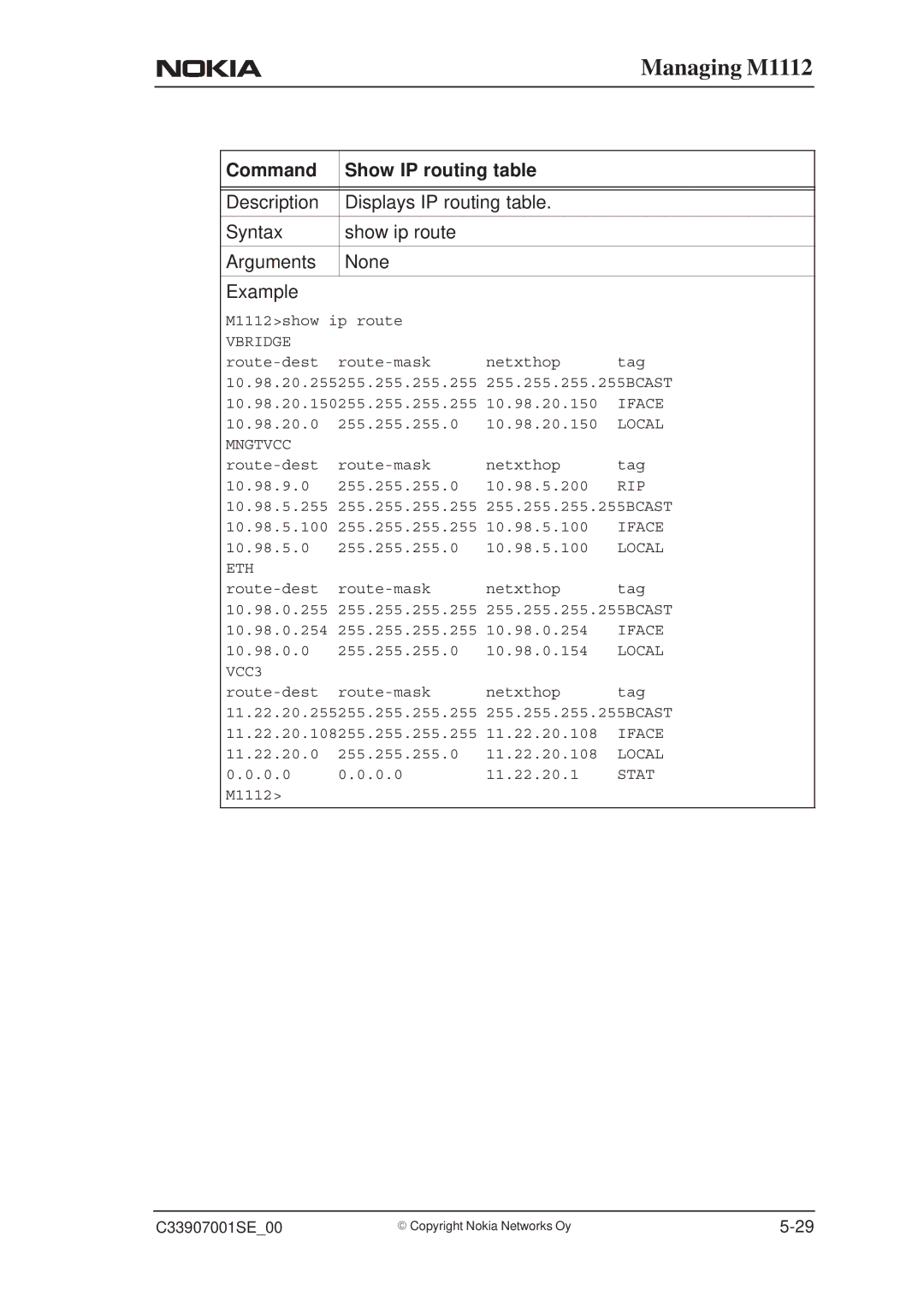 Nokia M1112 manual Command Show IP routing table, Vbridge 