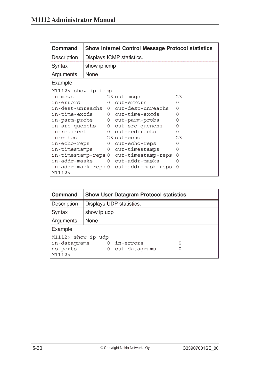 Nokia M1112 Command Show Internet Control Message Protocol statistics, Command Show User Datagram Protocol statistics 