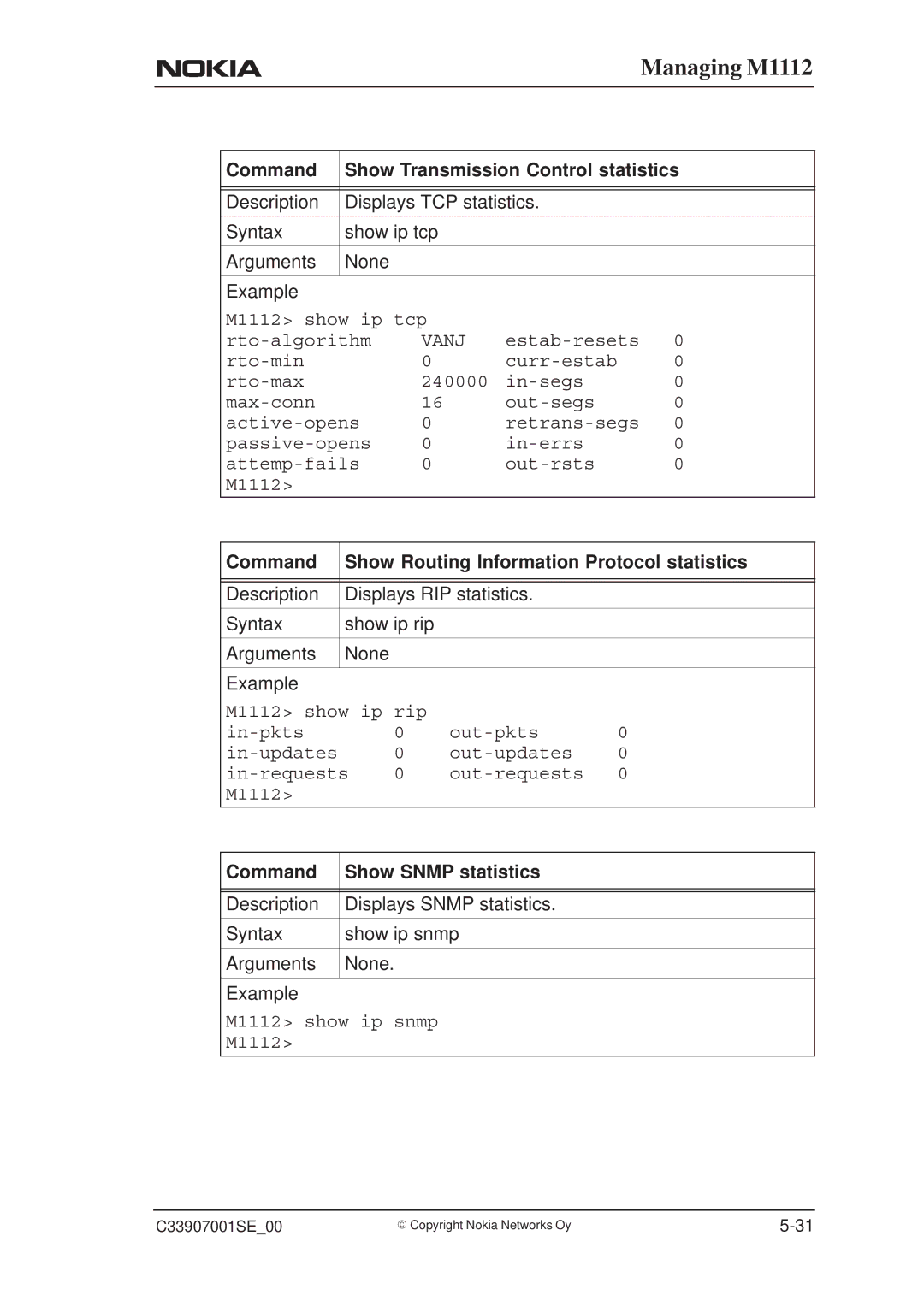 Nokia M1112 manual Command Show Transmission Control statistics, Command Show Routing Information Protocol statistics 