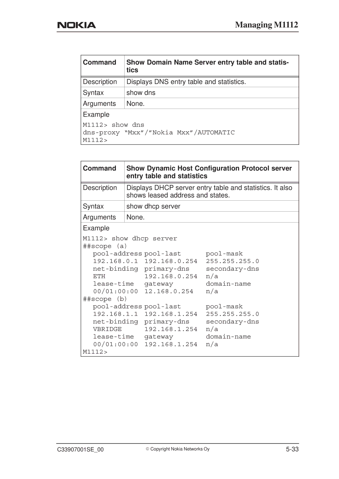 Nokia M1112 manual Command Show Domain Name Server entry table and statis Tics 