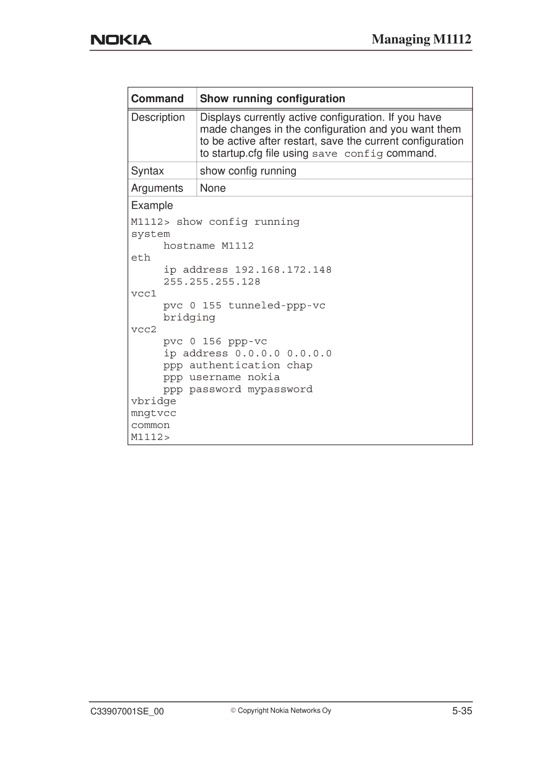 Nokia M1112 manual Command Show running configuration 