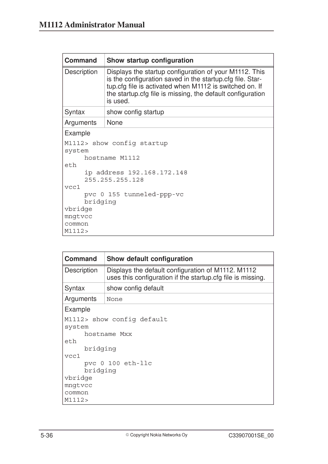 Nokia M1112 manual Command Show startup configuration, Command Show default configuration 