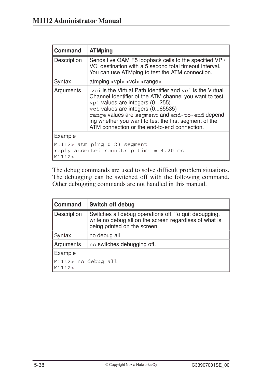 Nokia M1112 manual Command ATMping, Command Switch off debug 