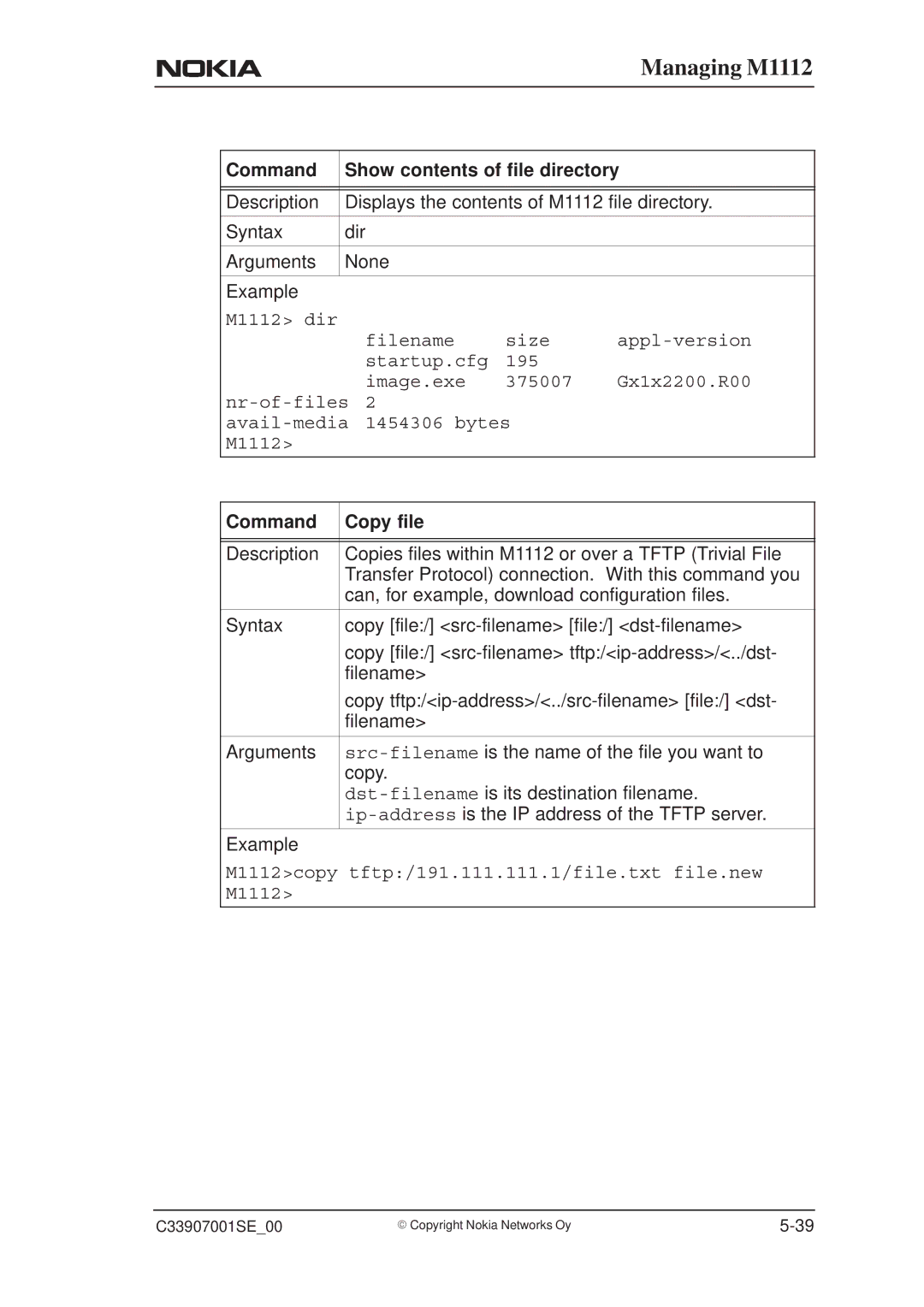 Nokia M1112 manual Command Show contents of file directory, Command Copy file 