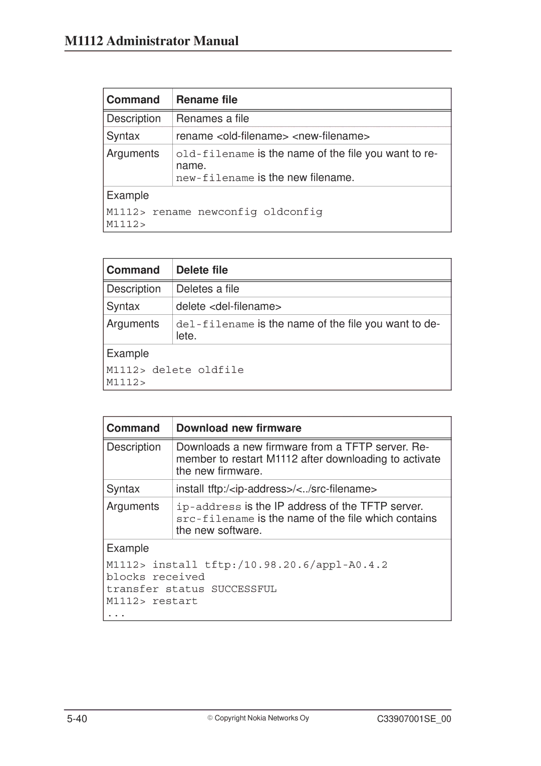 Nokia M1112 manual Command Rename file, Command Delete file, Command Download new firmware 