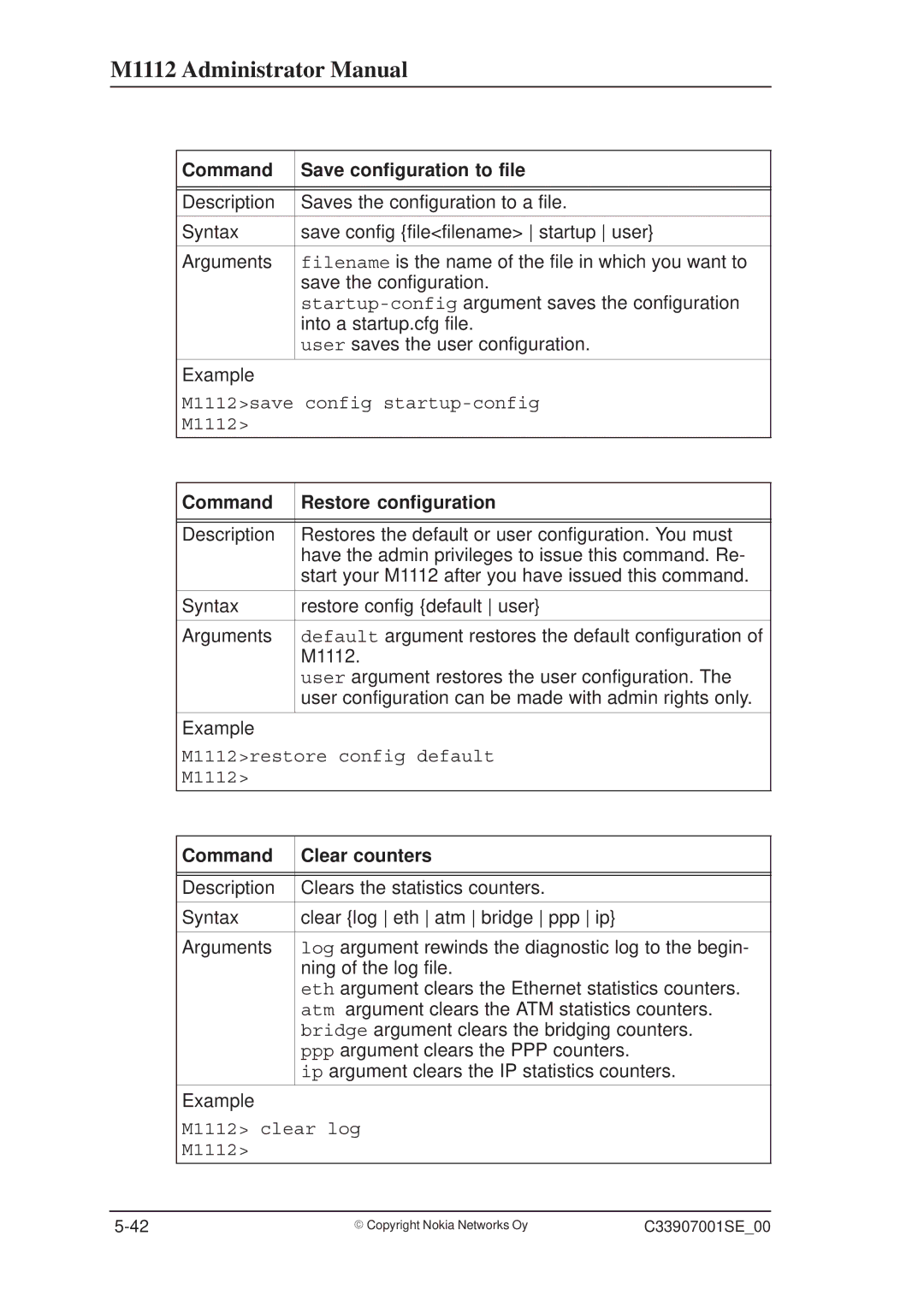 Nokia M1112 manual Command Save configuration to file, Command Restore configuration, Command Clear counters 