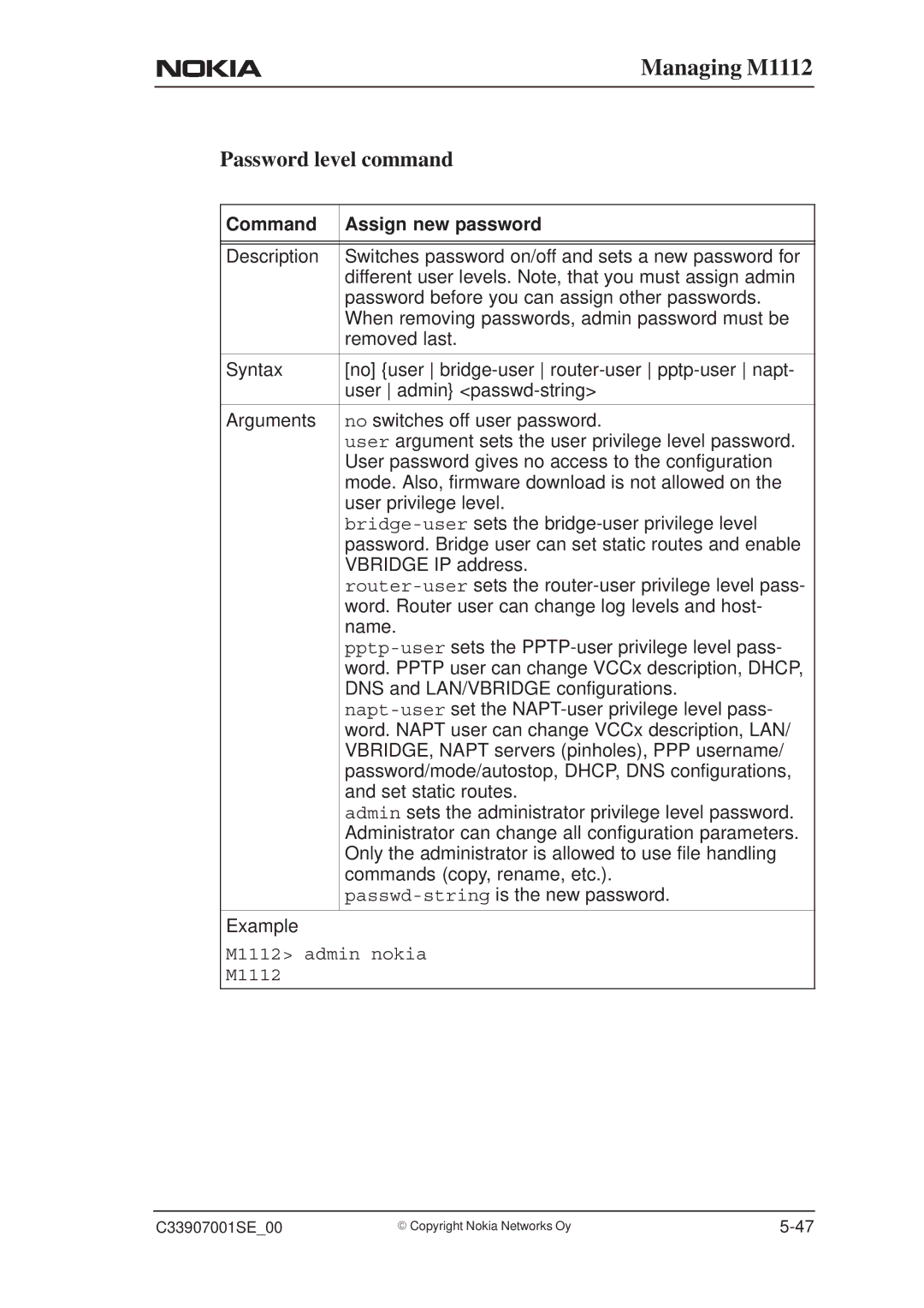 Nokia M1112 manual Password level command, Command Assign new password 