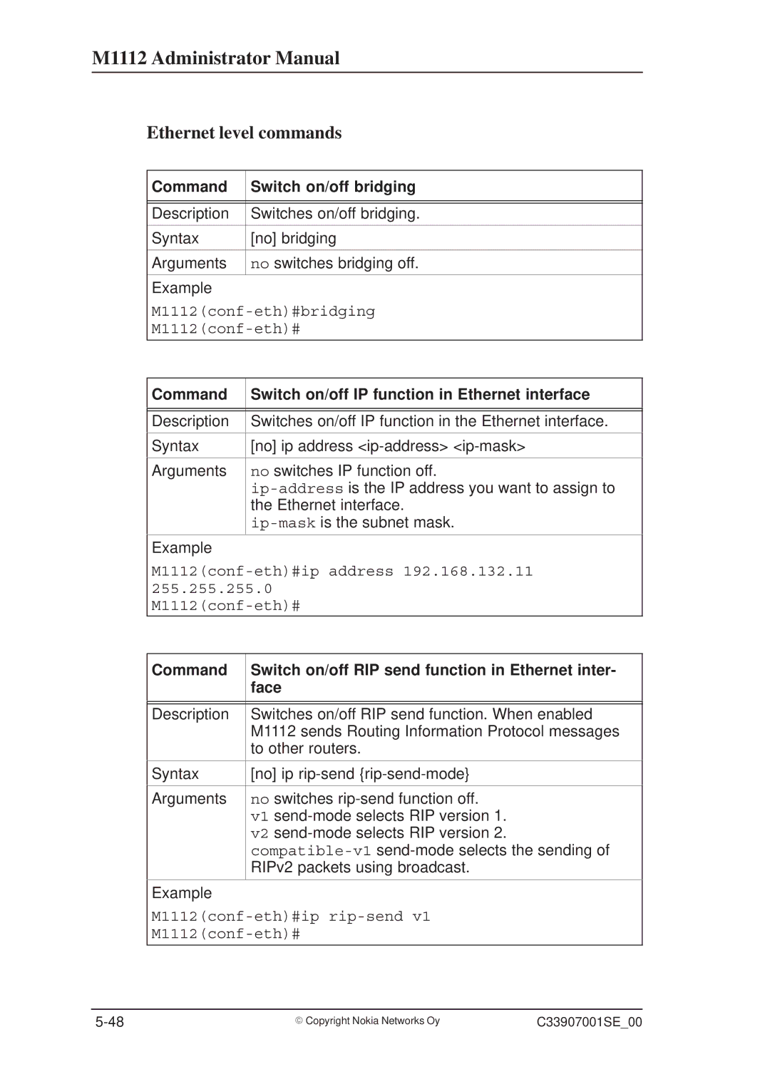 Nokia M1112 manual Ethernet level commands, Command Switch on/off bridging 