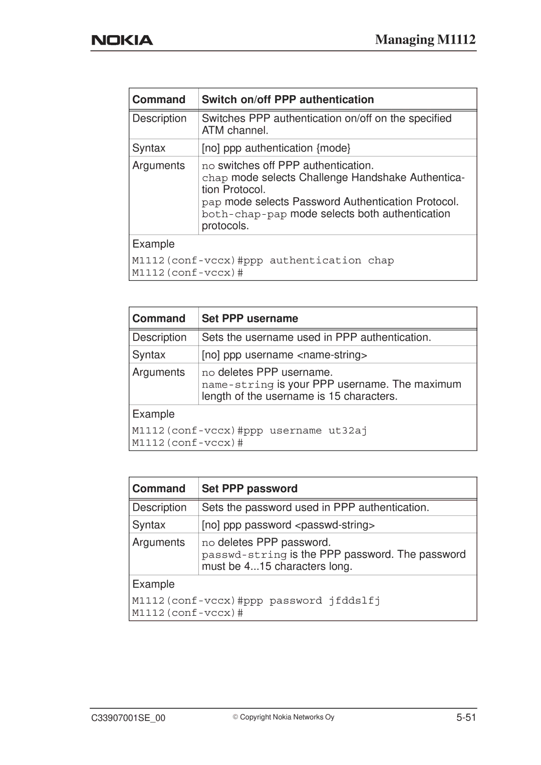 Nokia M1112 manual Command Switch on/off PPP authentication, Command Set PPP username, Command Set PPP password 