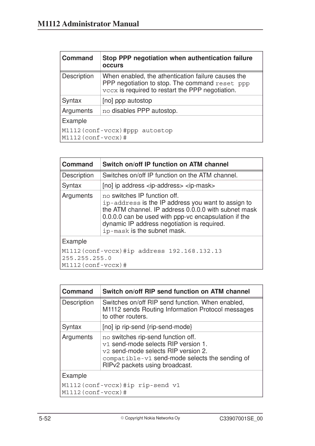 Nokia M1112 manual Command Switch on/off IP function on ATM channel, Command Switch on/off RIP send function on ATM channel 