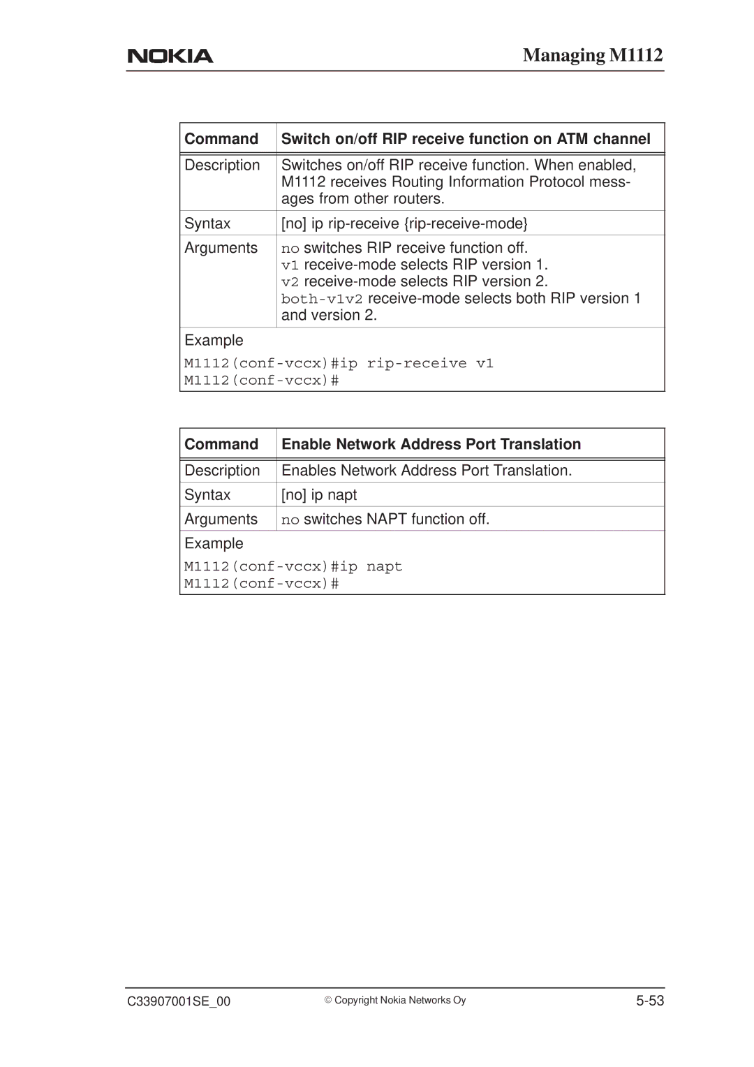 Nokia M1112 Command Switch on/off RIP receive function on ATM channel, Command Enable Network Address Port Translation 