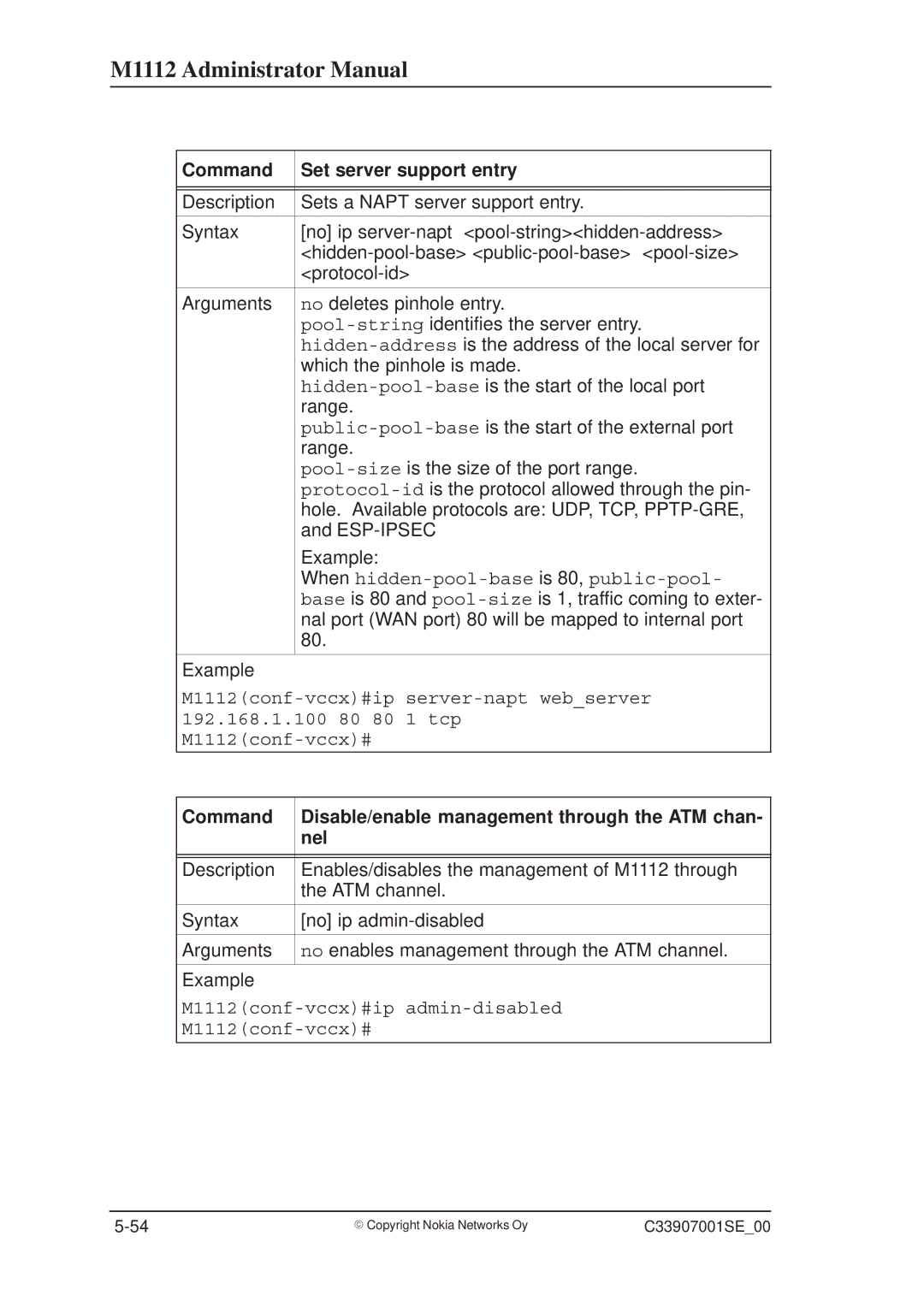 Nokia M1112 manual Command Set server support entry, Command Disable/enable management through the ATM chan Nel 