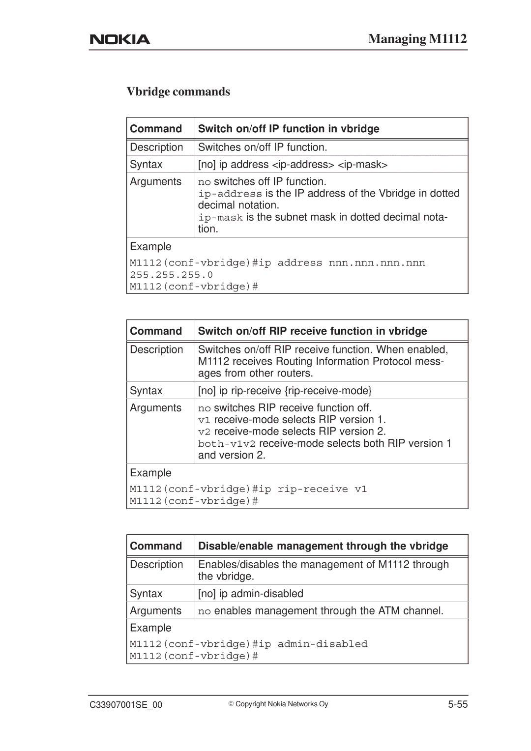 Nokia M1112 manual Vbridge commands, Command Switch on/off IP function in vbridge 