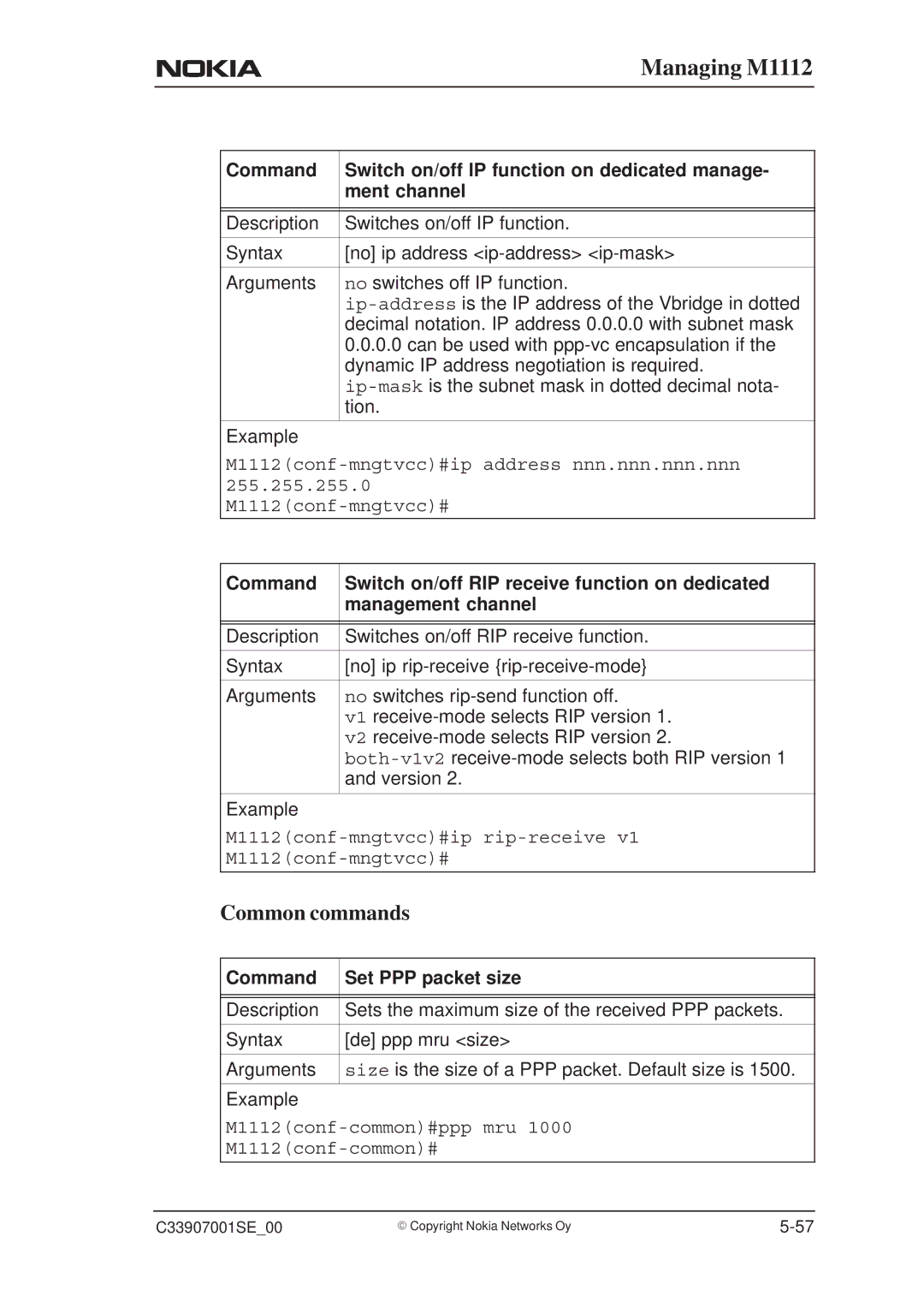 Nokia M1112 manual Common commands, Command Set PPP packet size 