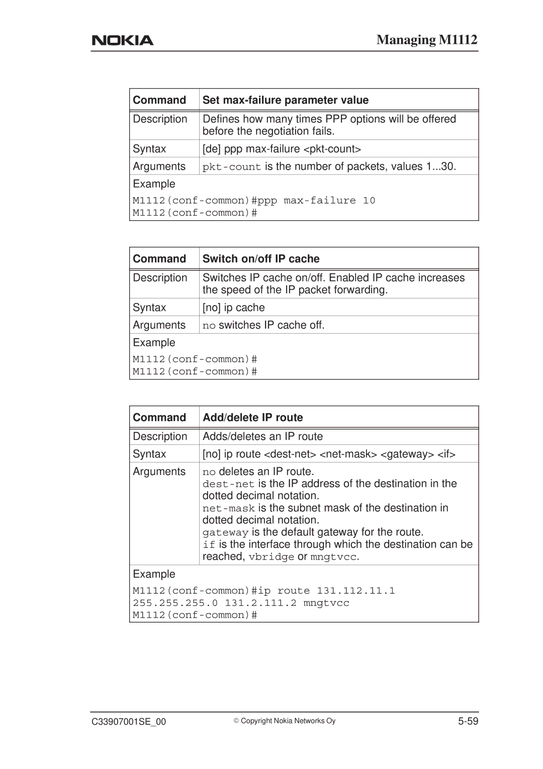 Nokia M1112 manual Command Set max-failure parameter value, Command Switch on/off IP cache, Command Add/delete IP route 