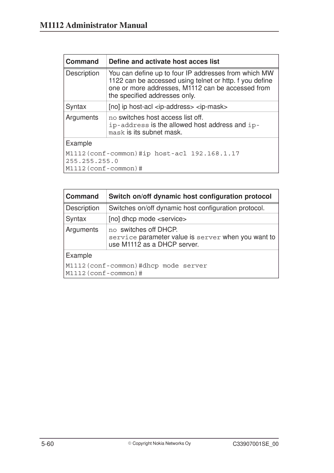 Nokia M1112 manual Command Define and activate host acces list, Command Switch on/off dynamic host configuration protocol 