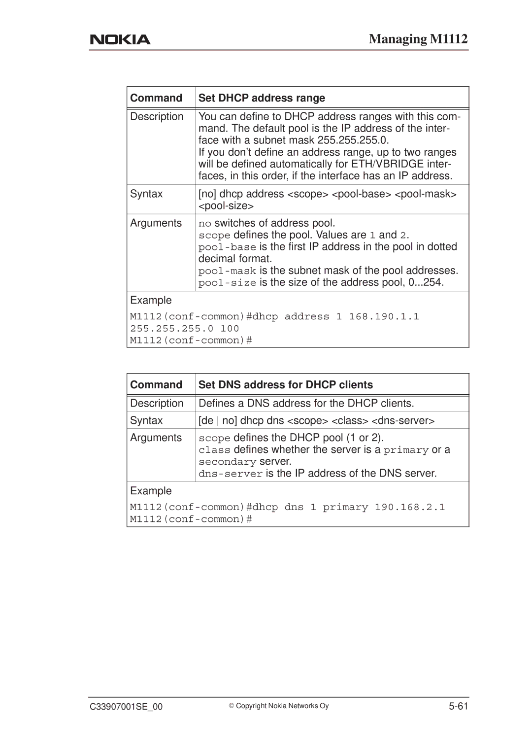 Nokia M1112 manual Command Set Dhcp address range, Command Set DNS address for Dhcp clients 