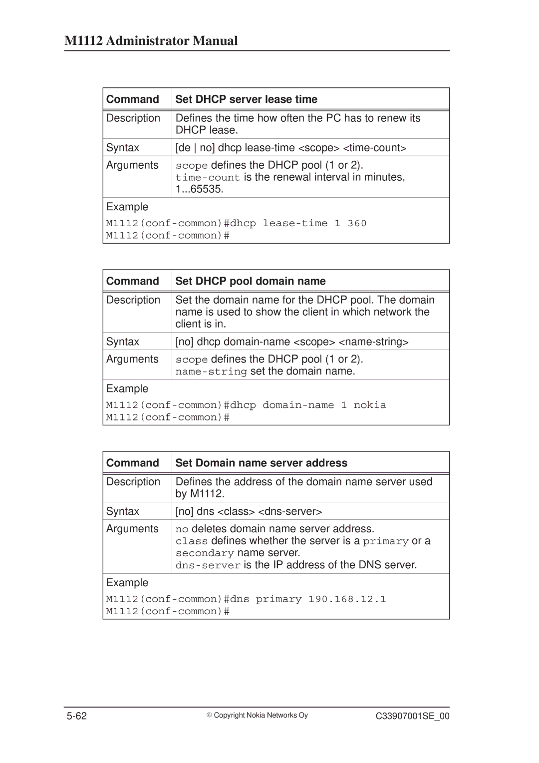 Nokia M1112 Command Set Dhcp server lease time, Command Set Dhcp pool domain name, Command Set Domain name server address 