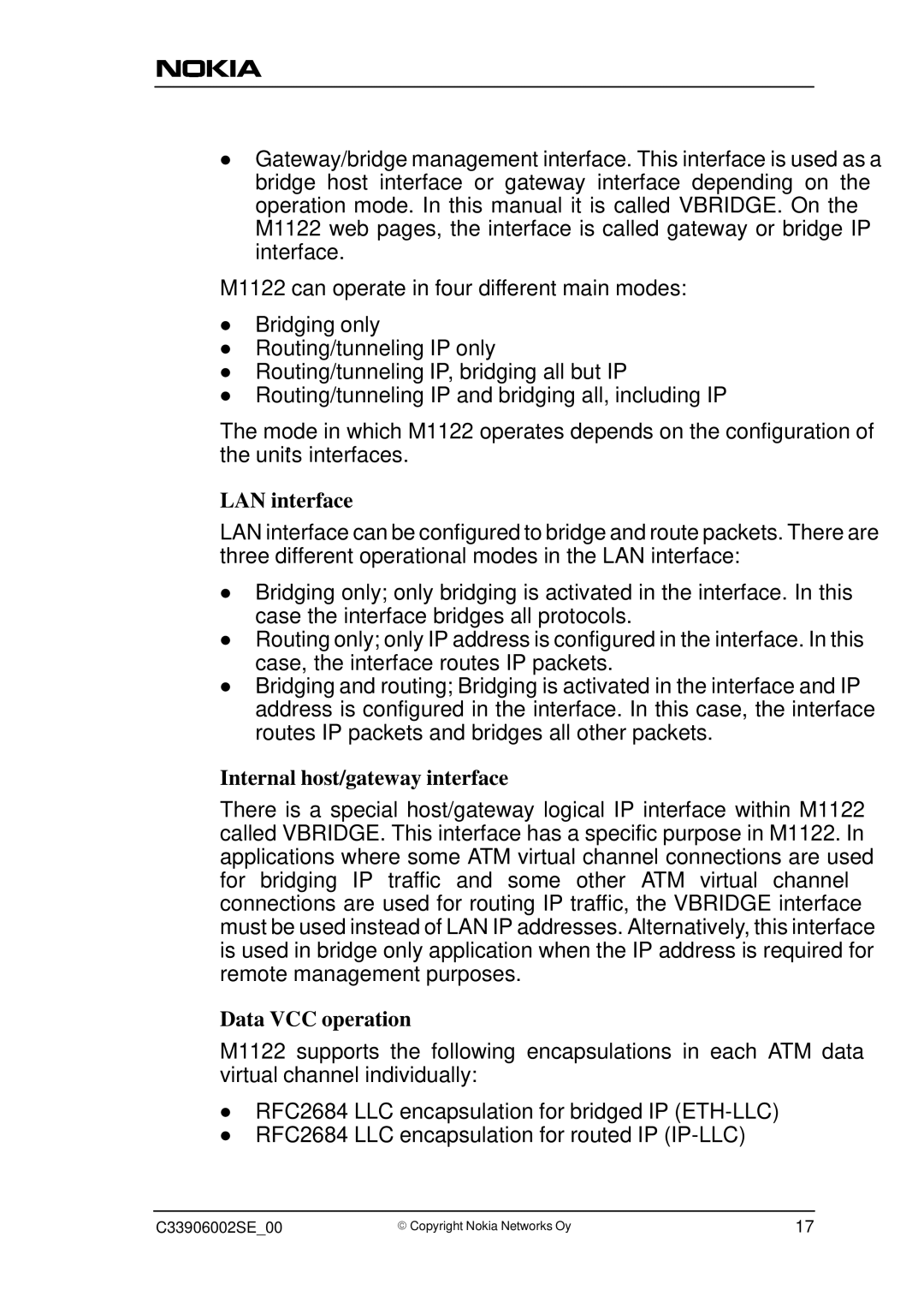 Nokia M1122, T66280 user manual LAN interface, Internal host/gateway interface, Data VCC operation 