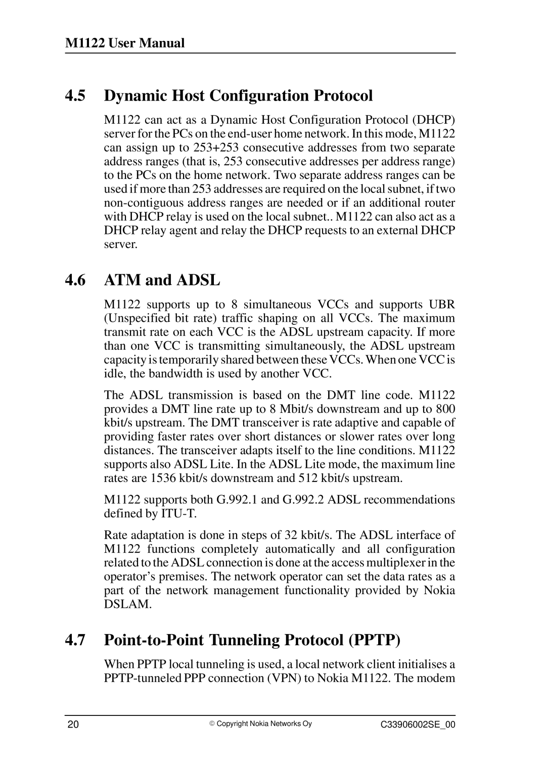 Nokia T66280, M1122 user manual Dynamic Host Configuration Protocol, ATM and Adsl, Point-to-Point Tunneling Protocol Pptp 