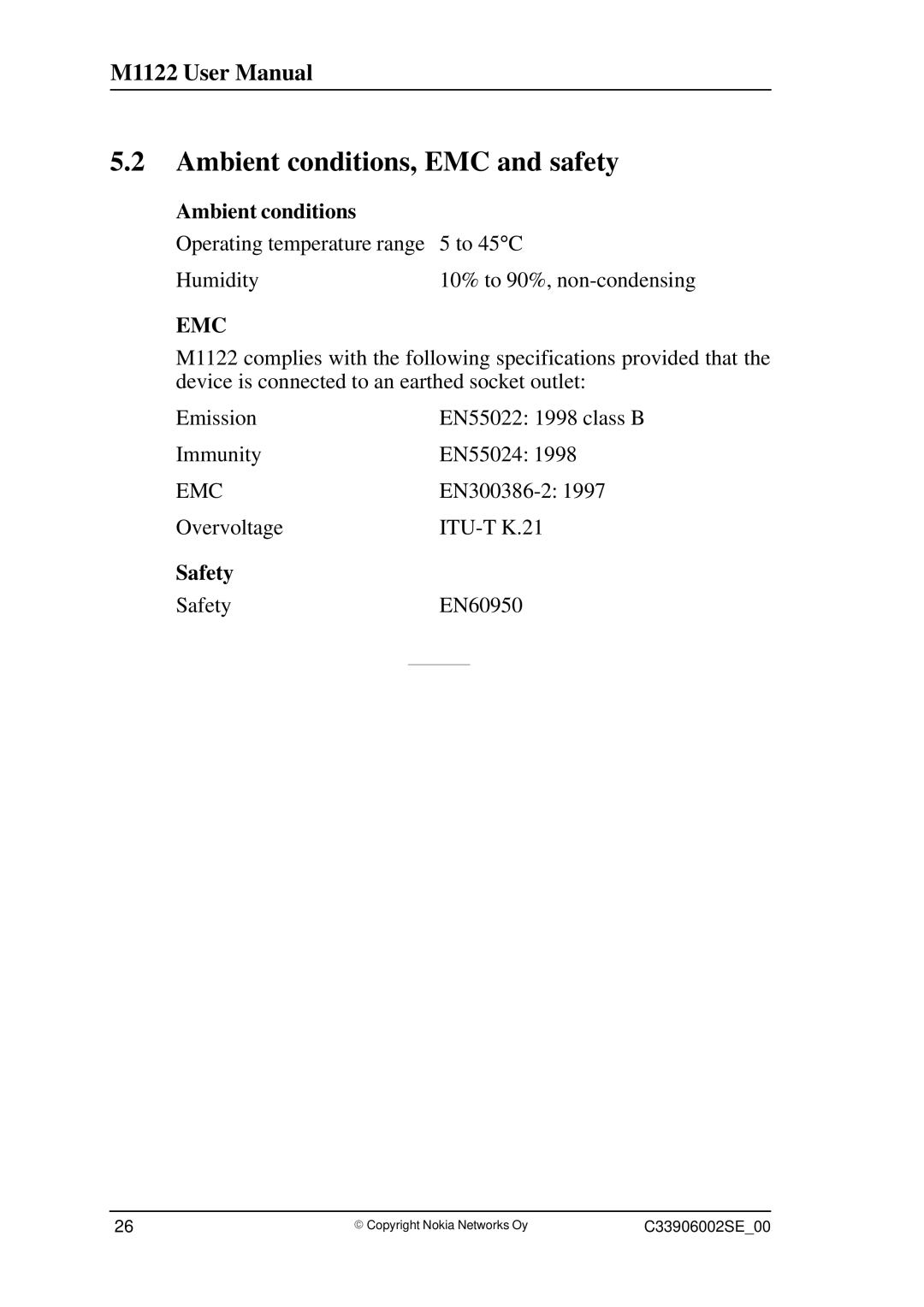 Nokia T66280, M1122 user manual Ambient conditions, EMC and safety, Safety 