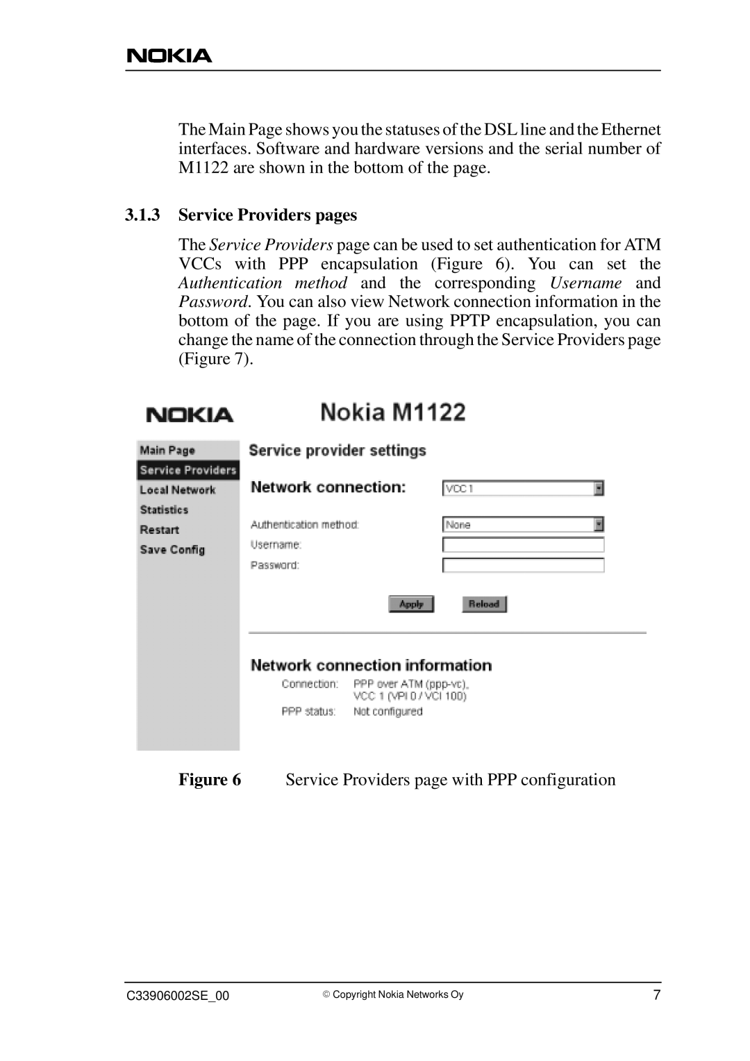 Nokia M1122, T66280 user manual Service Providers pages, Service Providers page with PPP configuration 