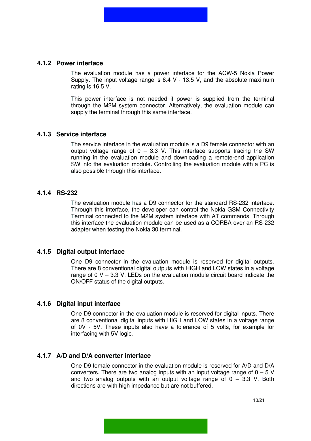 Nokia M2M PLATFORM manual Power interface, Service interface, 4 RS-232, Digital output interface, Digital input interface 