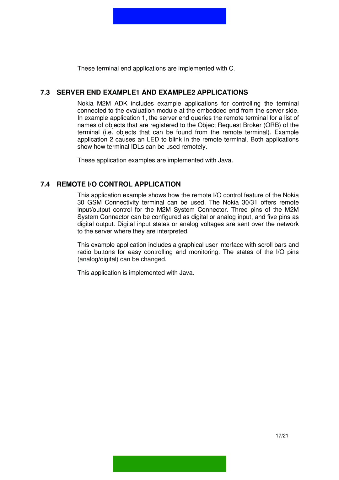 Nokia M2M PLATFORM manual Server END EXAMPLE1 and EXAMPLE2 Applications, Remote I/O Control Application 