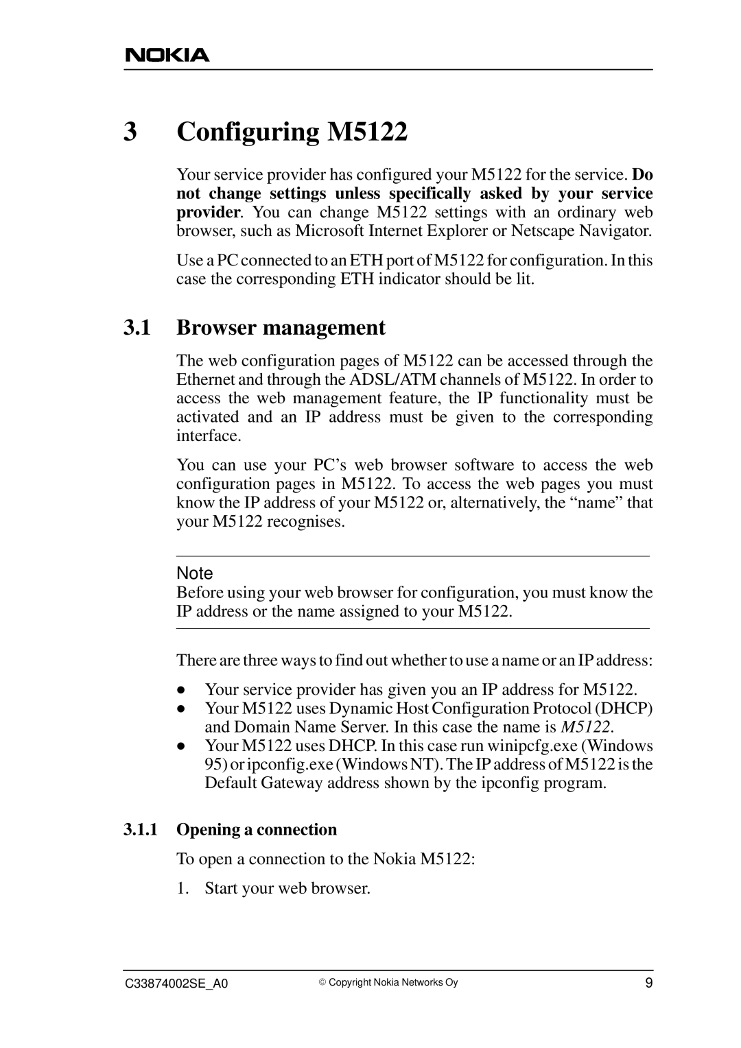 Nokia T66250 user manual Configuring M5122, Browser management, Opening a connection 