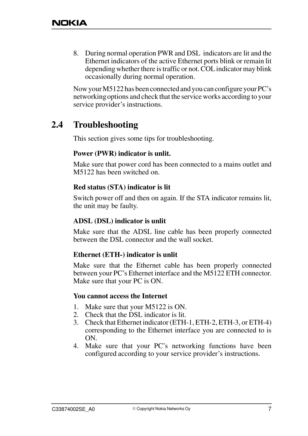 Nokia M5122, T66250 user manual Troubleshooting 