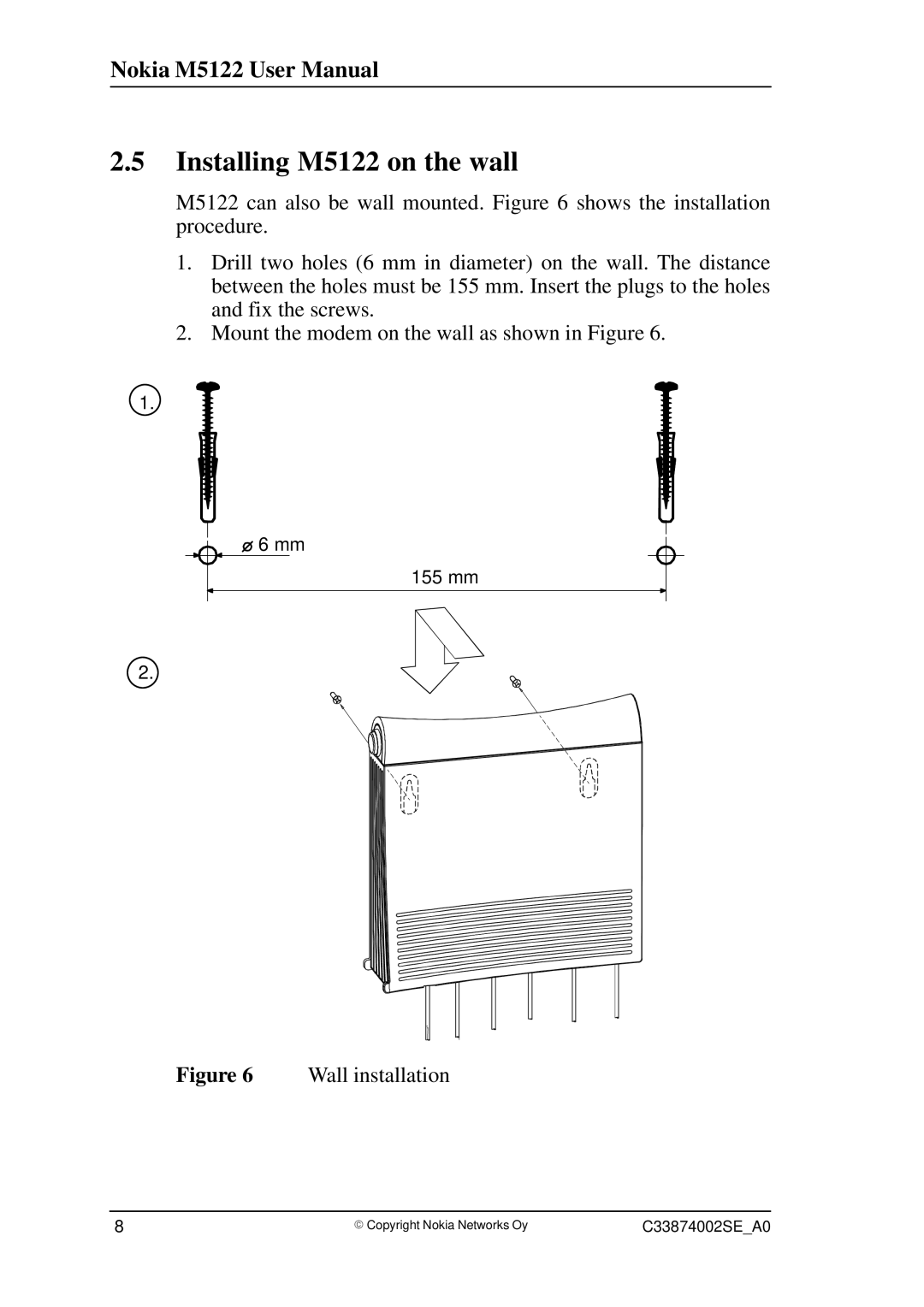 Nokia T66250 user manual Installing M5122 on the wall, Wall installation 