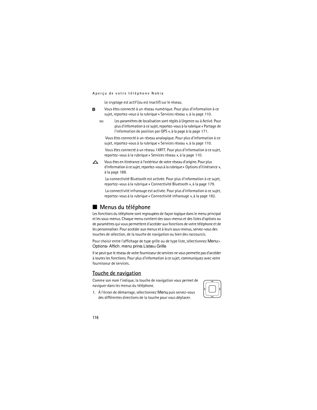 Nokia Mobile Phones Menus du téléphone, Touche de navigation, 116, Le cryptage est actif ou est inactif sur le réseau 
