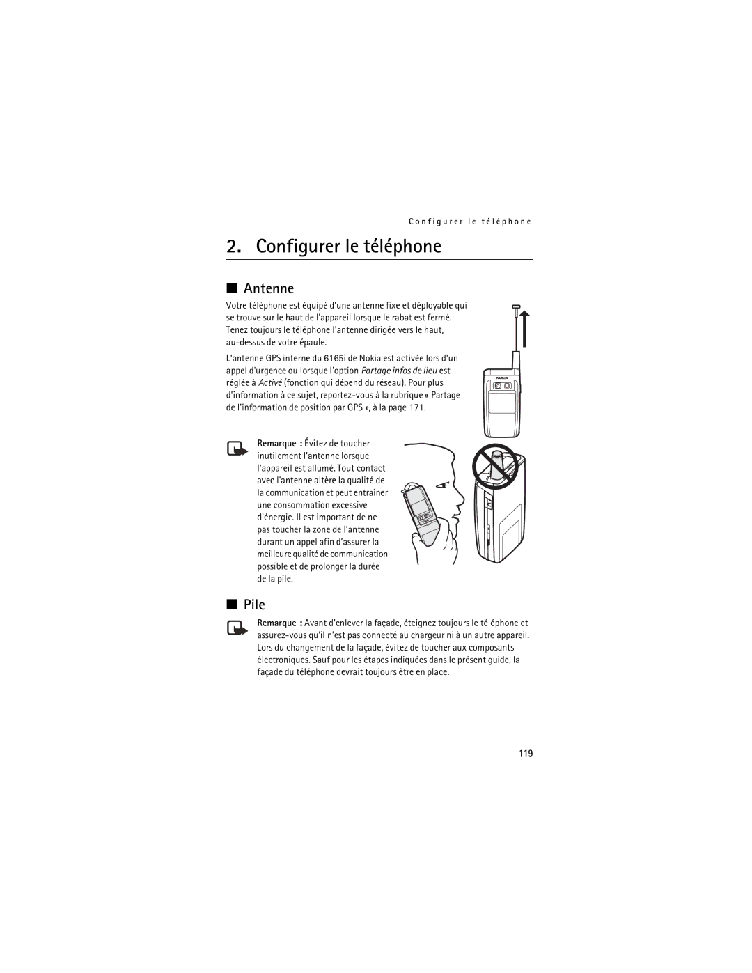 Nokia Mobile Phones manual Configurer le téléphone, Antenne, Pile, 119 