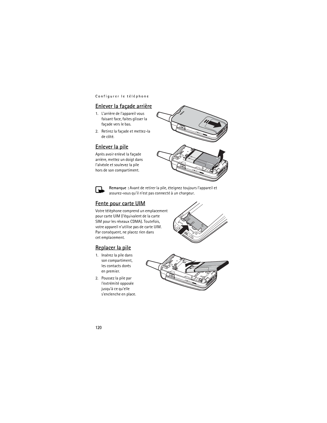 Nokia Mobile Phones manual Enlever la façade arrière, Enlever la pile, Fente pour carte UIM, Replacer la pile, 120 