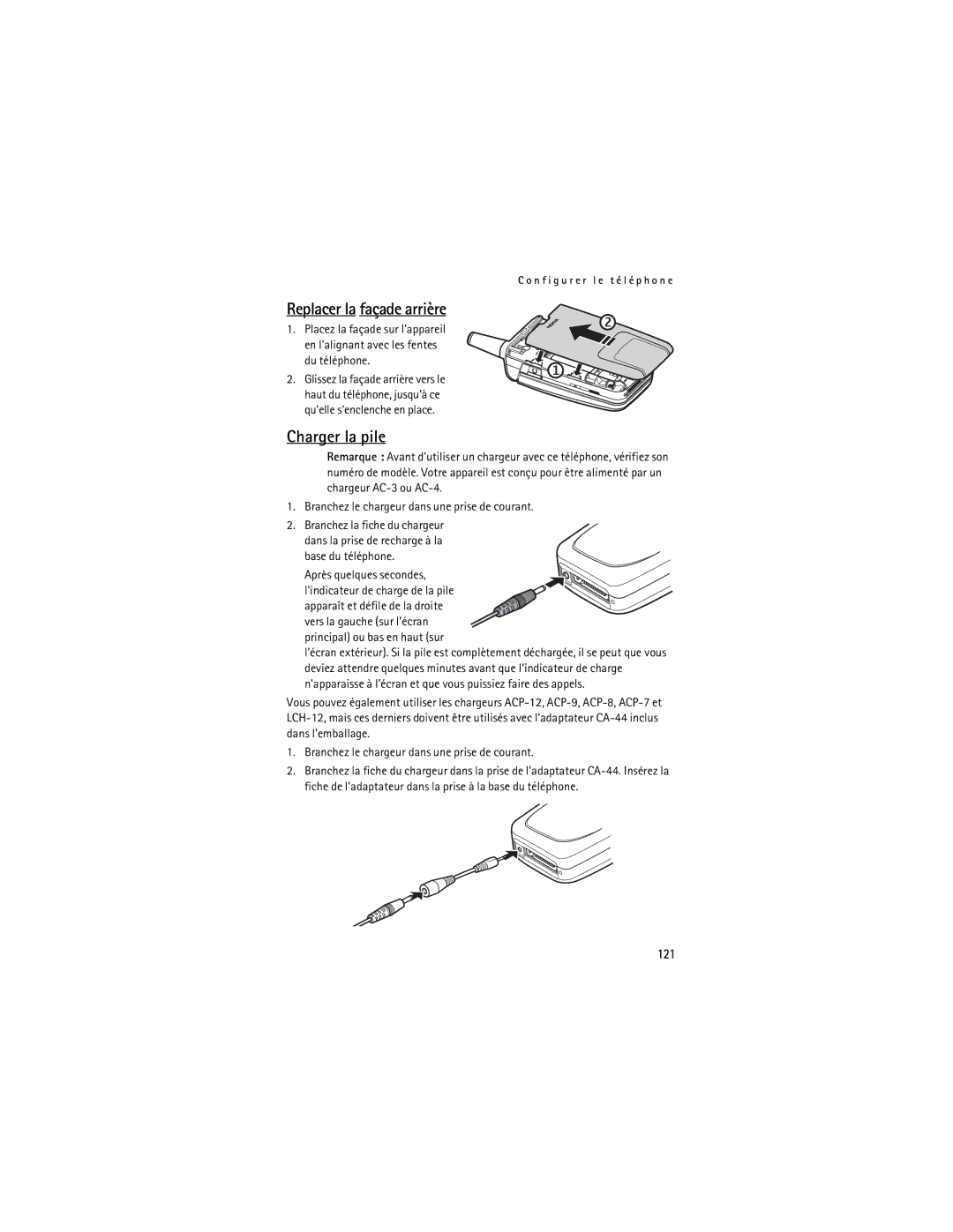 Nokia Mobile Phones manual Replacer la façade arrière, Charger la pile, 121, Principal ou bas en haut sur 