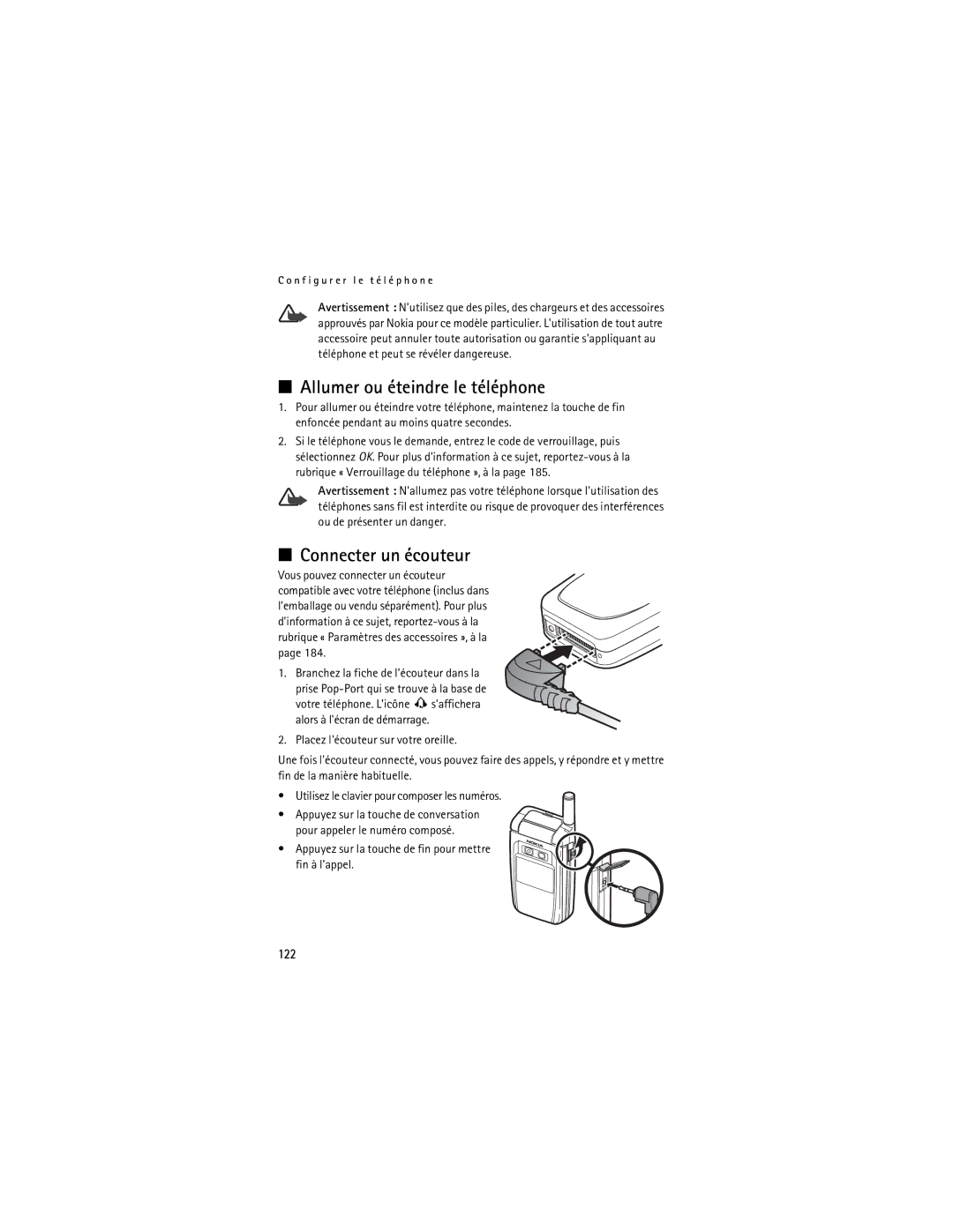 Nokia Mobile Phones manual Allumer ou éteindre le téléphone, Connecter un écouteur, 122 