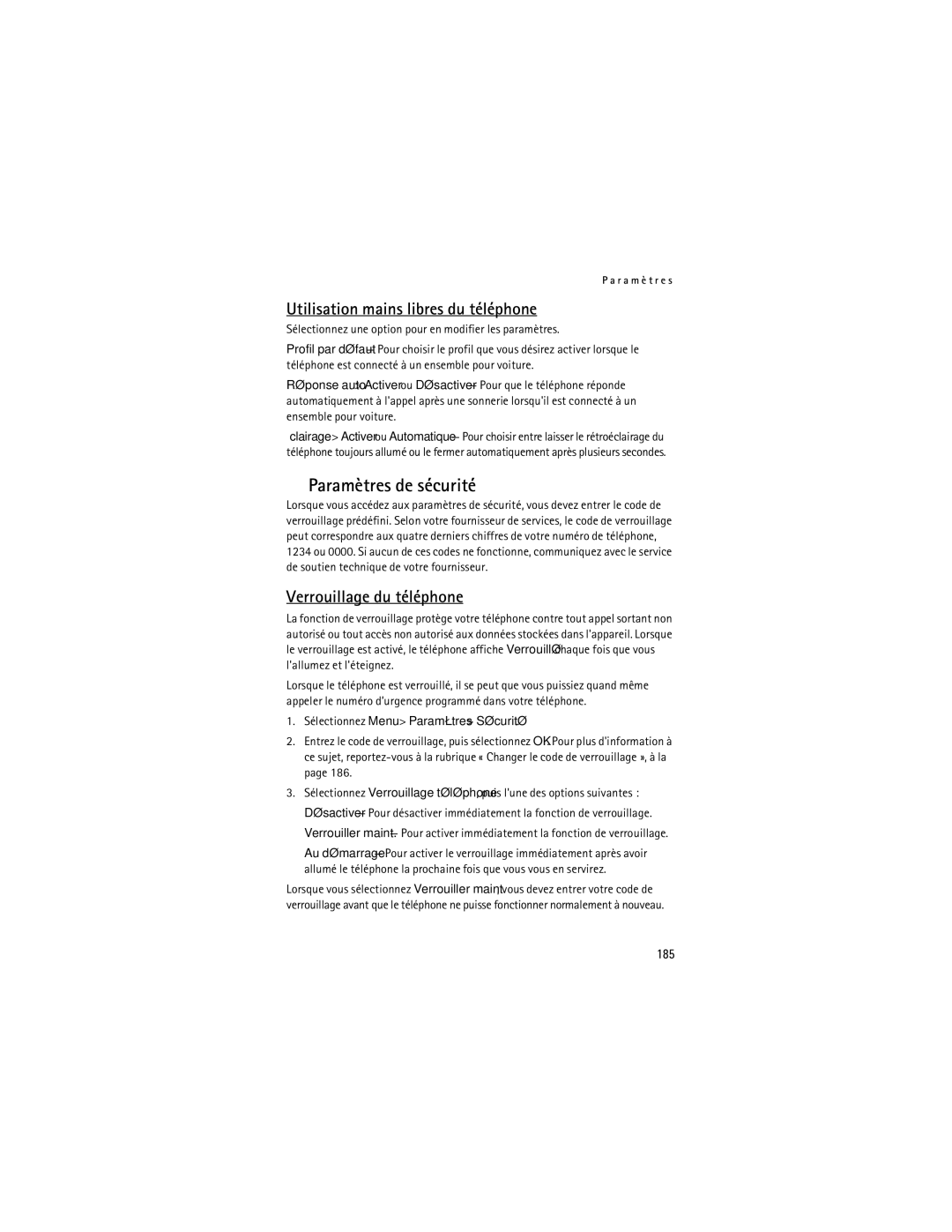 Nokia Mobile Phones manual Paramètres de sécurité, Verrouillage du téléphone, 185, Sélectionnez Menu Paramètres Sécurité 