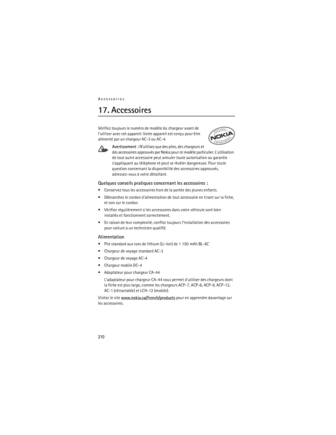 Nokia Mobile Phones manual Accessoires, Quelques conseils pratiques concernant les accessoires, Alimentation, 210 