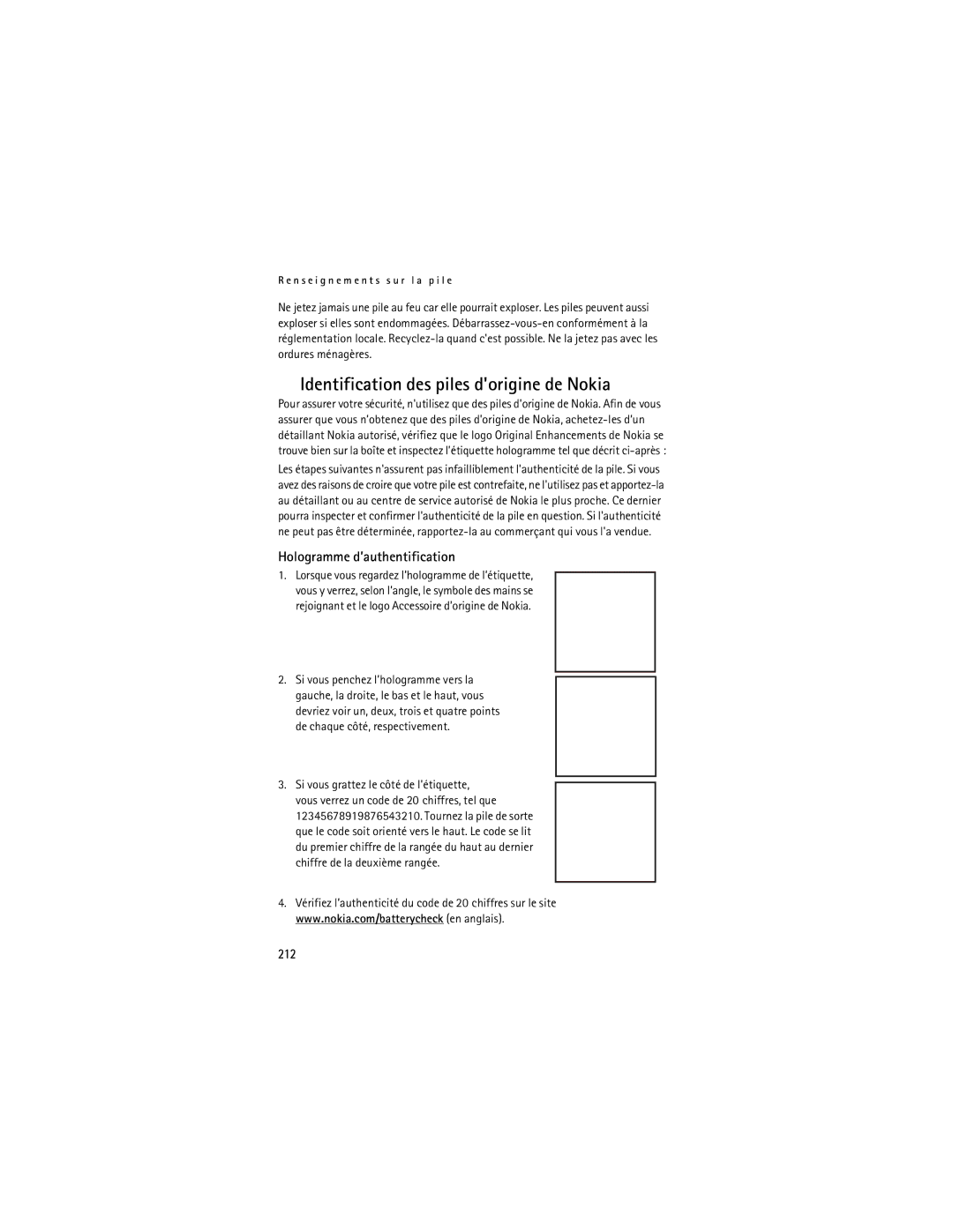 Nokia Mobile Phones manual Identification des piles dorigine de Nokia, Hologramme d’authentification, 212 