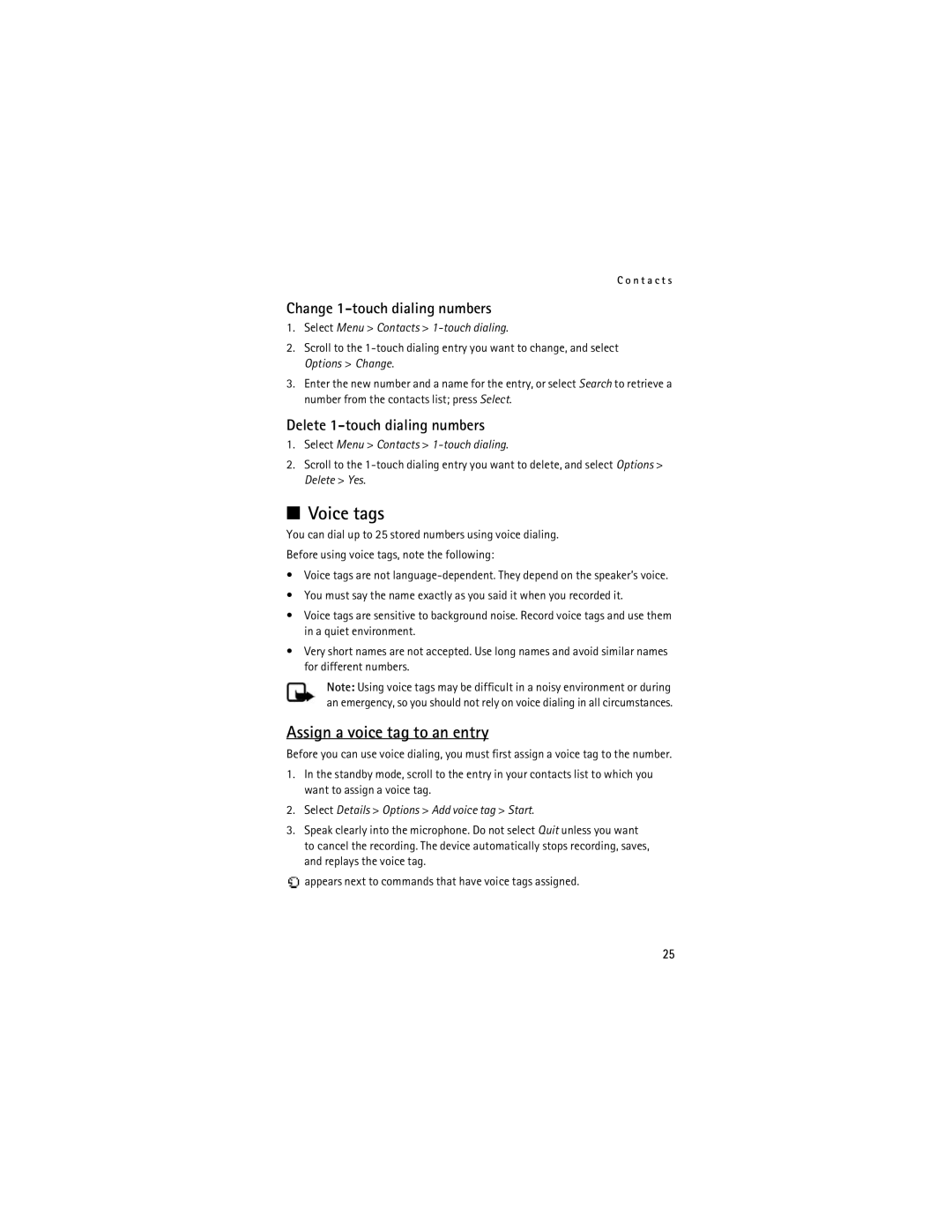 Nokia Mobile Phones manual Voice tags, Assign a voice tag to an entry, Change 1-touch dialing numbers 