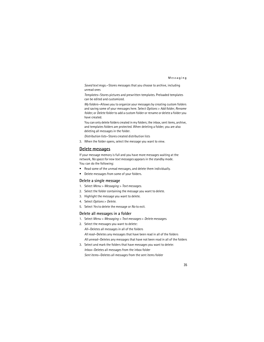 Nokia Mobile Phones manual Delete messages, Delete a single message, Delete all messages in a folder, Select Options Delete 