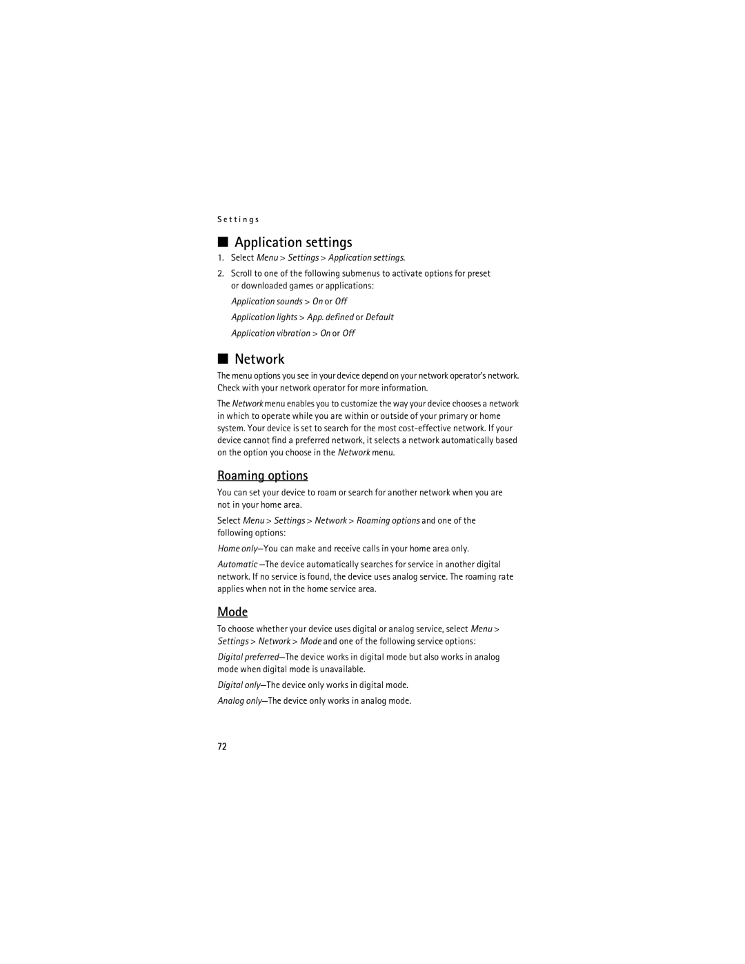Nokia Mobile Phones manual Network, Roaming options, Mode, Select Menu Settings Application settings 