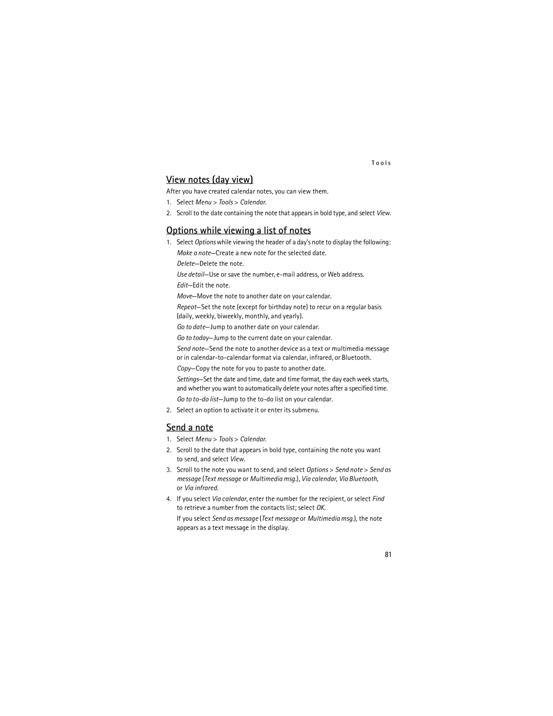 Nokia Mobile Phones View notes day view, Options while viewing a list of notes, Send a note, Select Menu Tools Calendar 