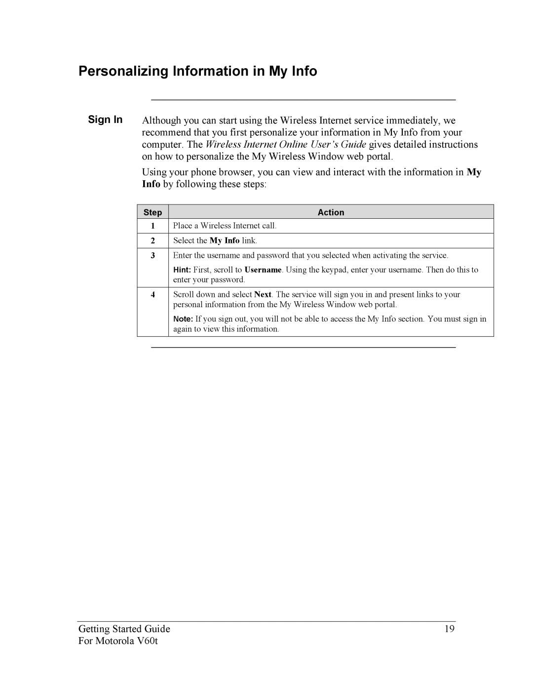 Nokia Motorola manual Personalizing Information in My Info 