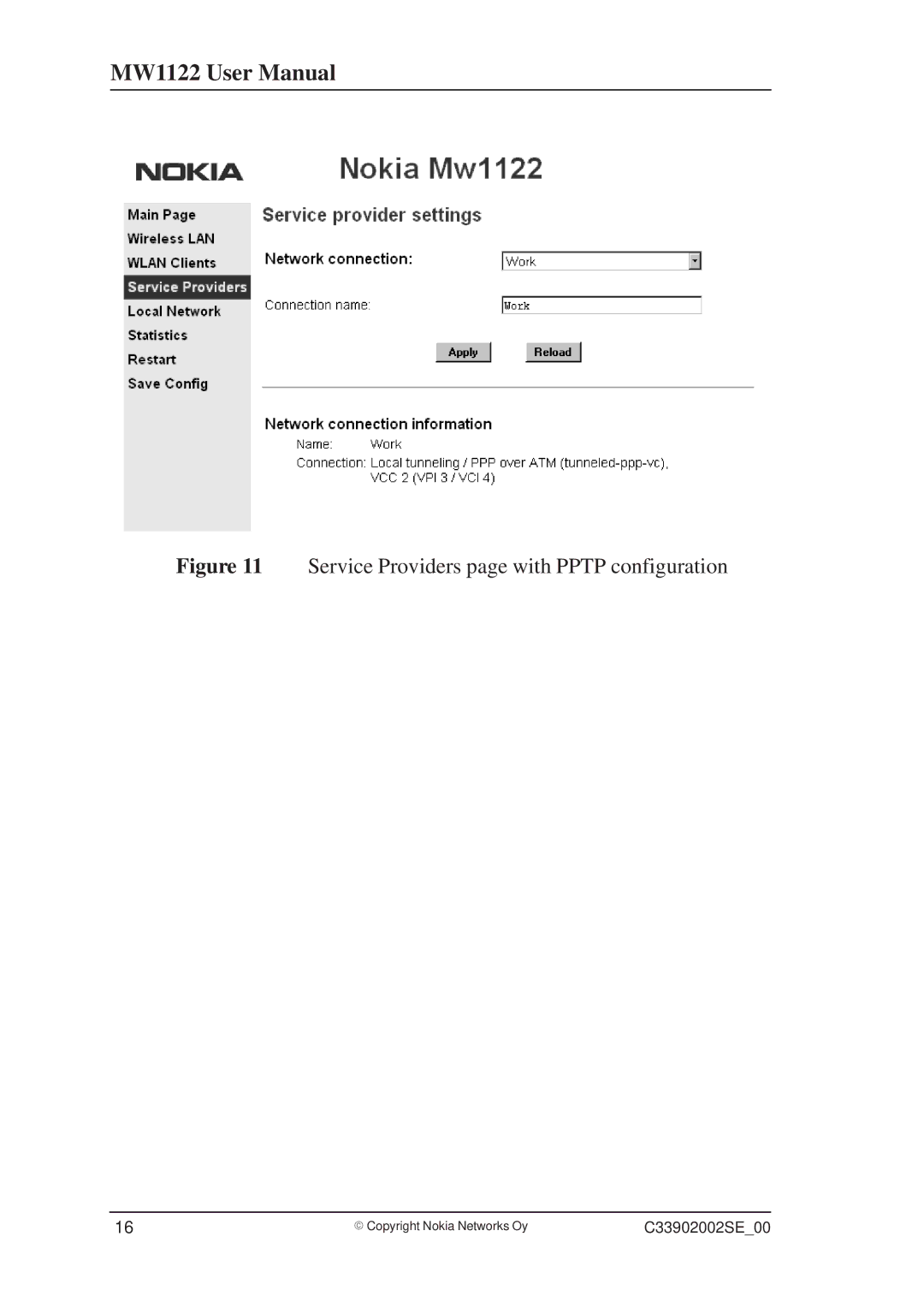 Nokia T66520, MW1122 user manual Service Providers page with Pptp configuration 