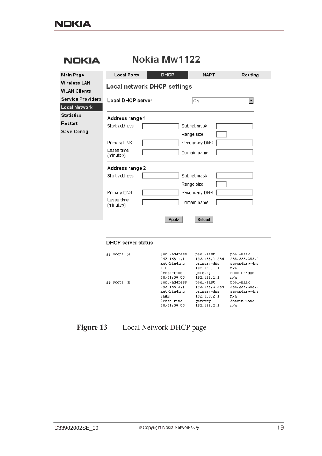 Nokia MW1122, T66520 user manual Local Network Dhcp 