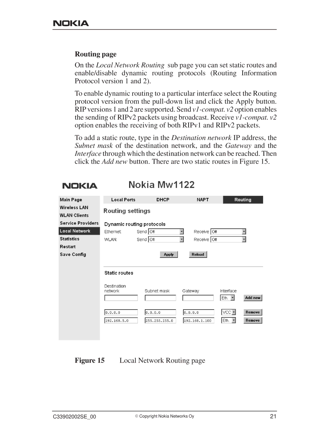 Nokia MW1122, T66520 user manual Local Network Routing 